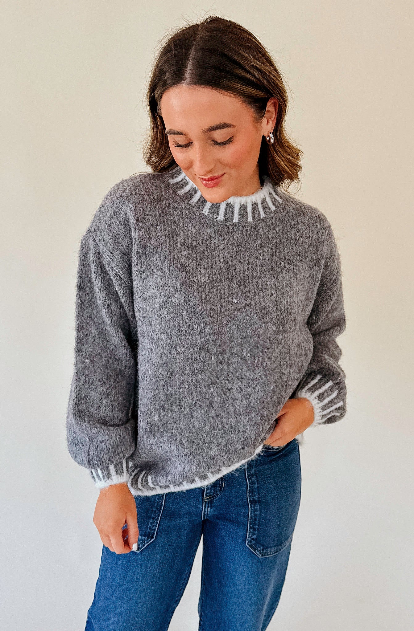 EAST SIDE EMBROIDERED TWO TONE SWEATER